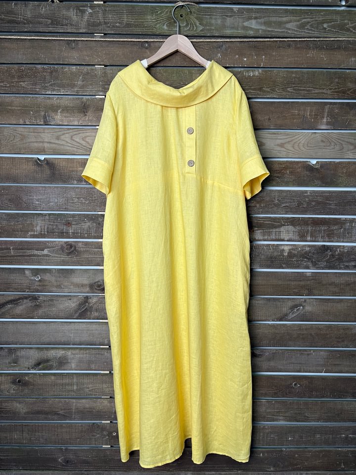 Women's Cotton Linen Casual Loose Pile Collar Sleeve Dress