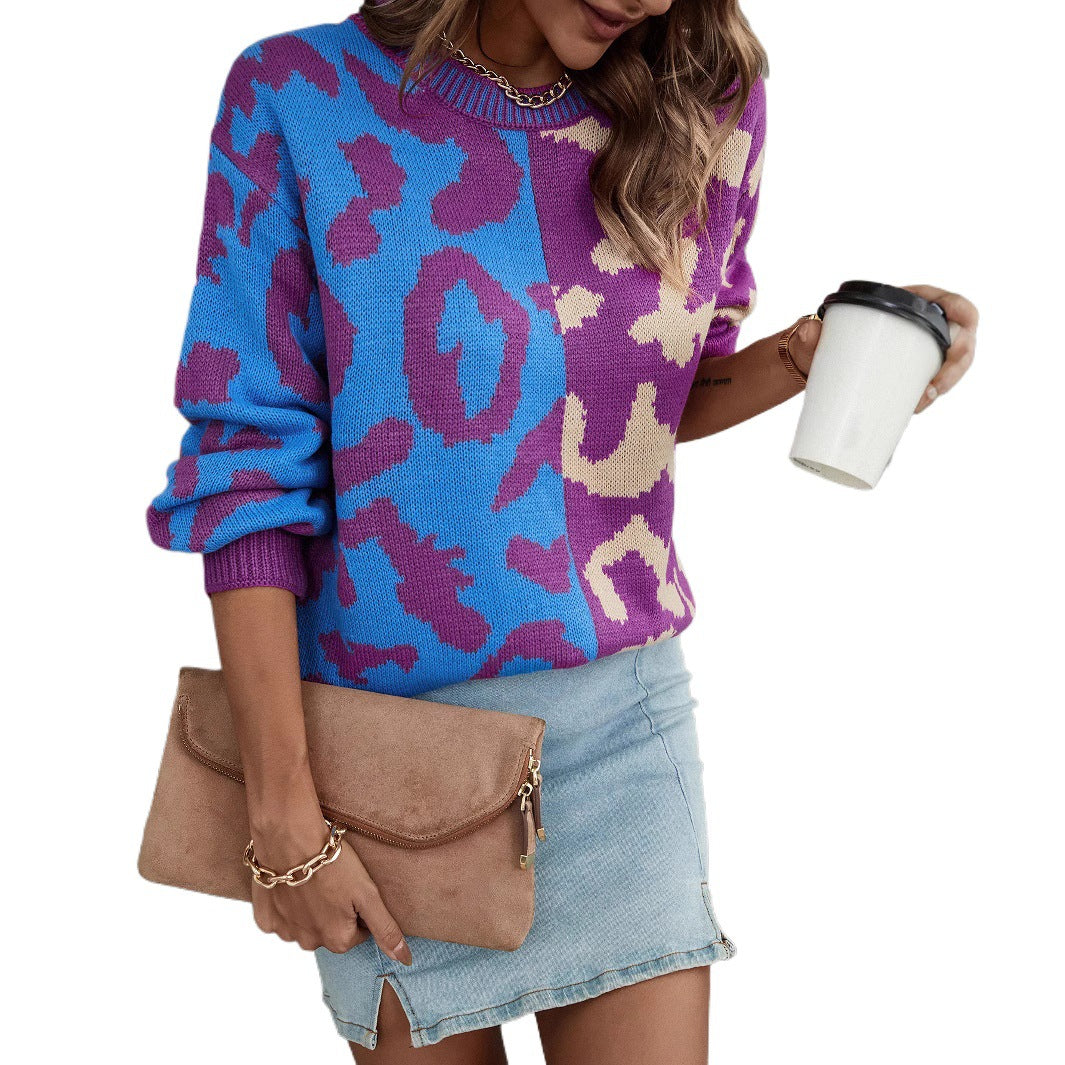 Glamorous Spring Leopard Splicing Mixed Pullover Sweaters