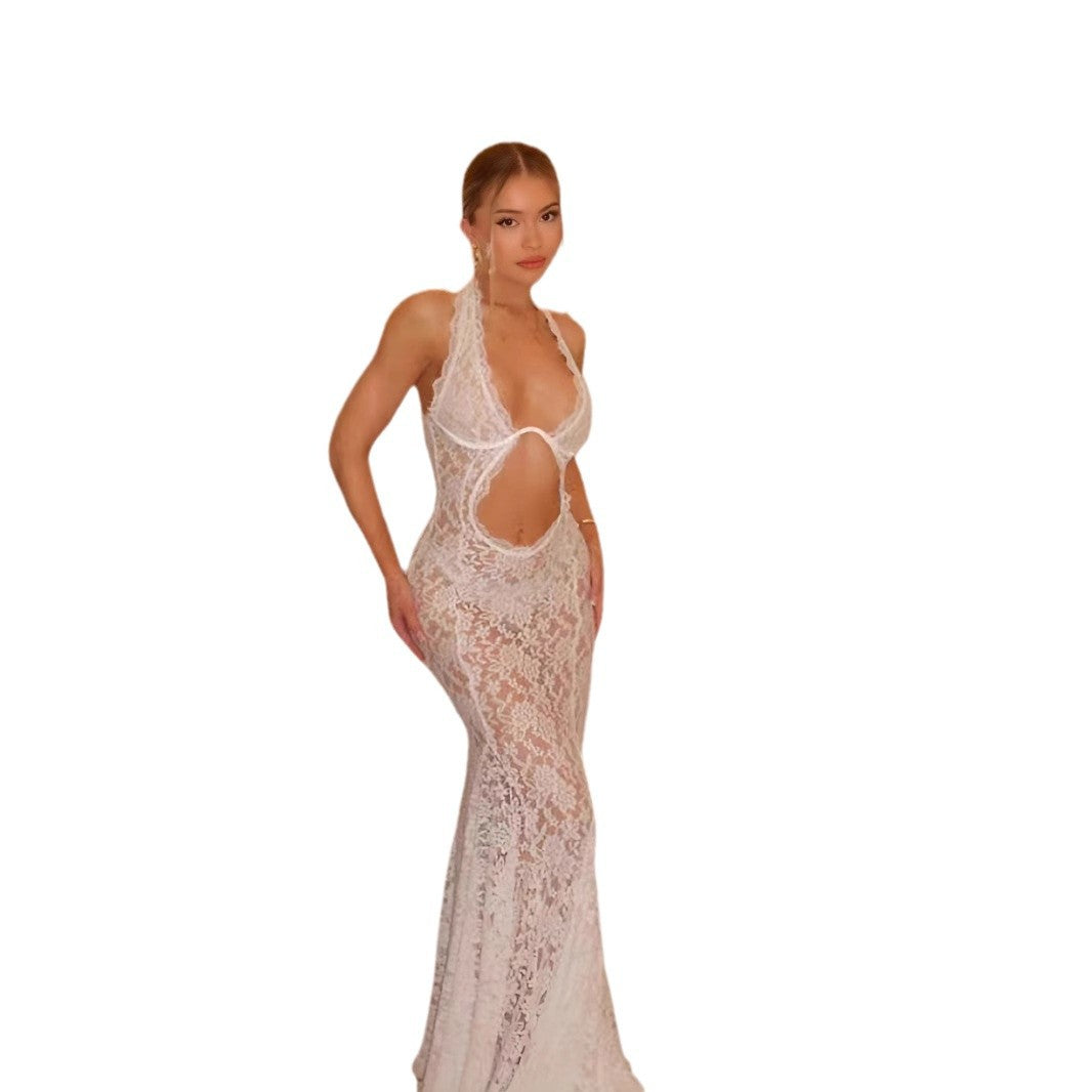Women's Deep V Crocheted Fishtail Autumn Pure Dresses