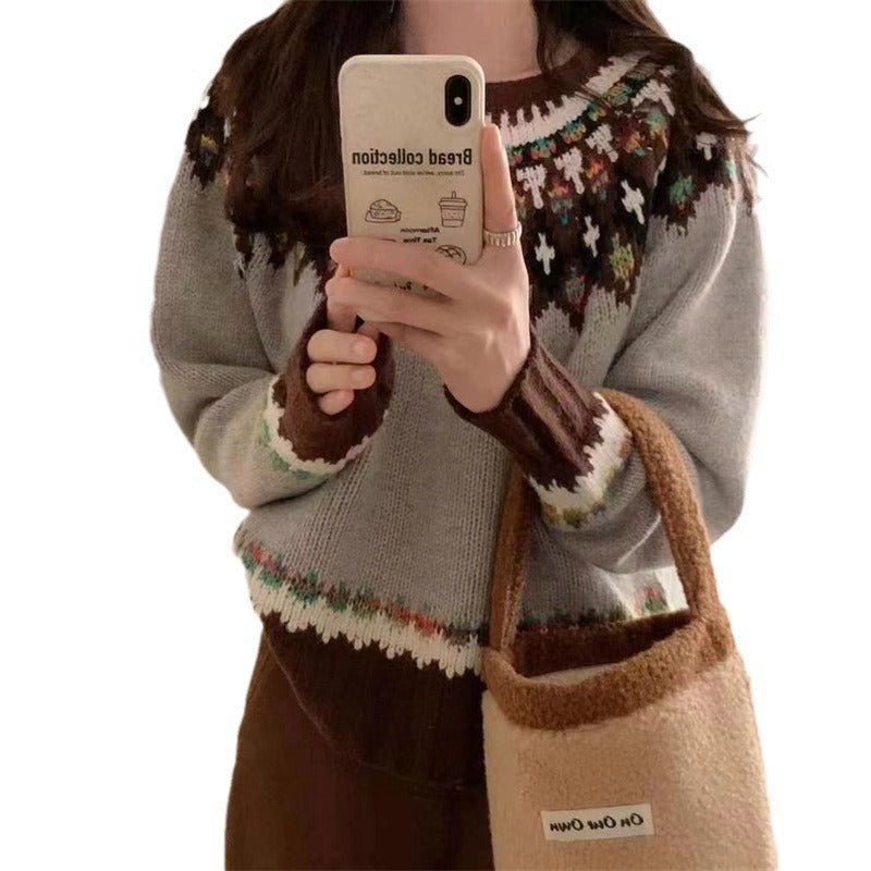 Women's Idle Style Contrast Color Jacquard Long Sleeve Loose Soft Sweaters