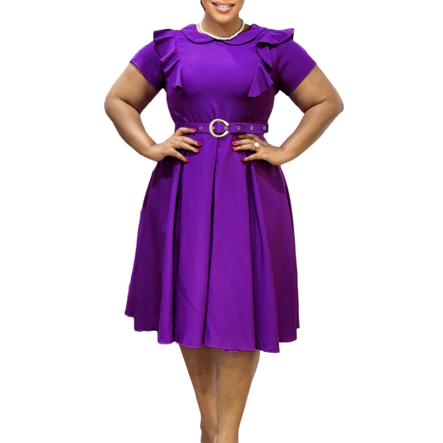 Women's Short-sleeved Doll Collar Solid Color Ruffled High Dresses