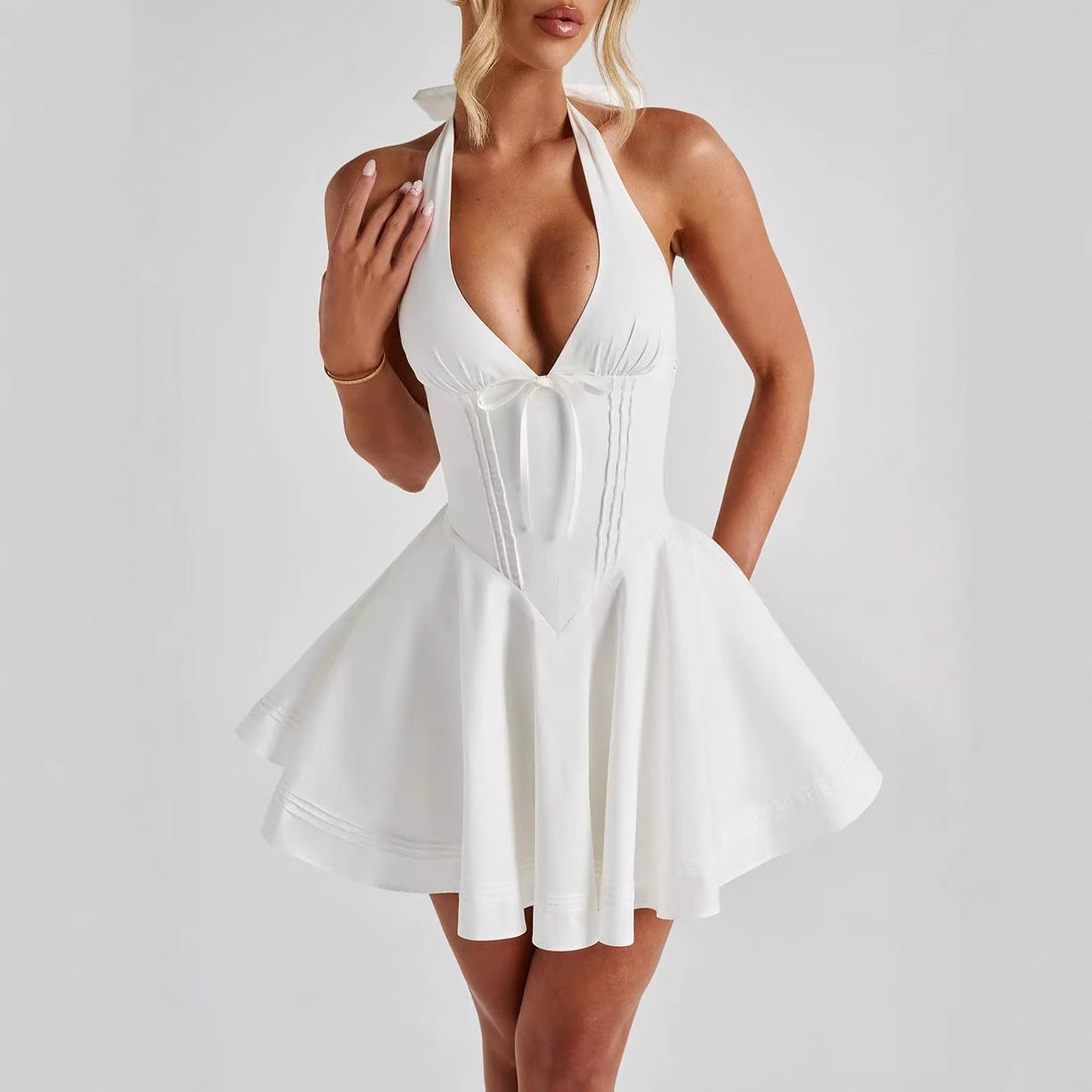Women's Deep Halter Dress Sexy Waist Trimming Dresses