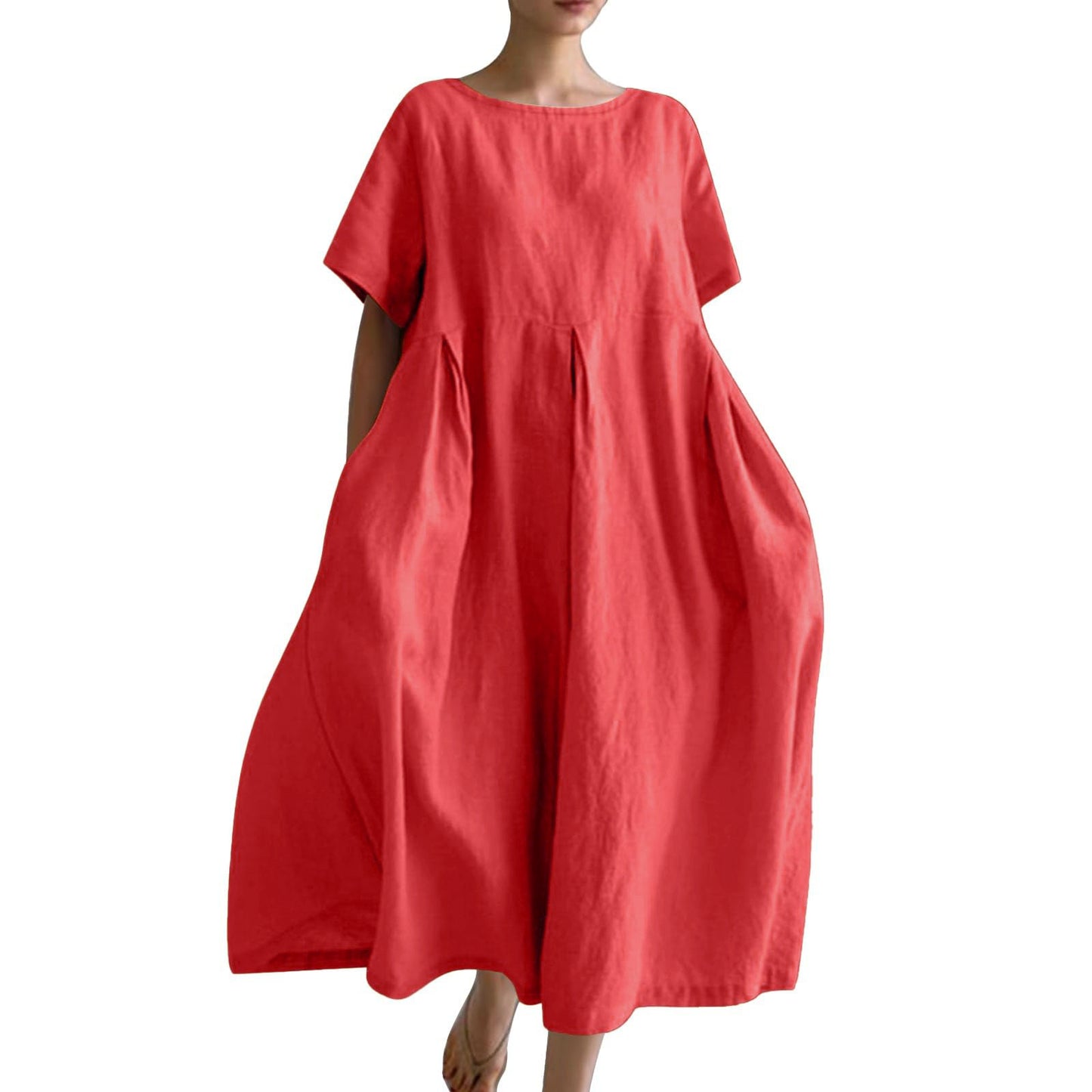 Women's Cotton Linen Loose Round Neck Fashion Dress