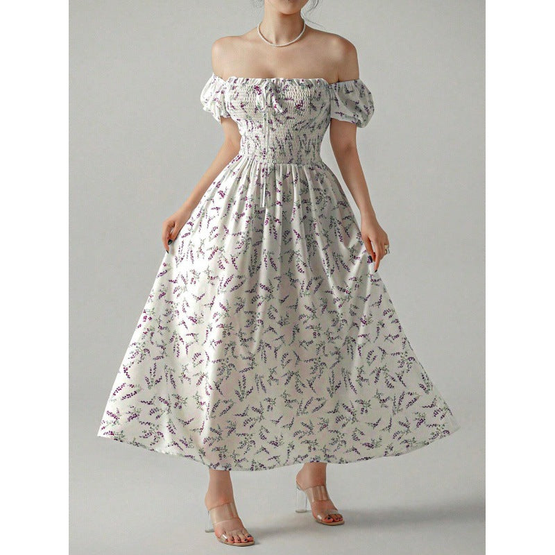 Square Collar Puff Sleeve Printed Elegant Dress