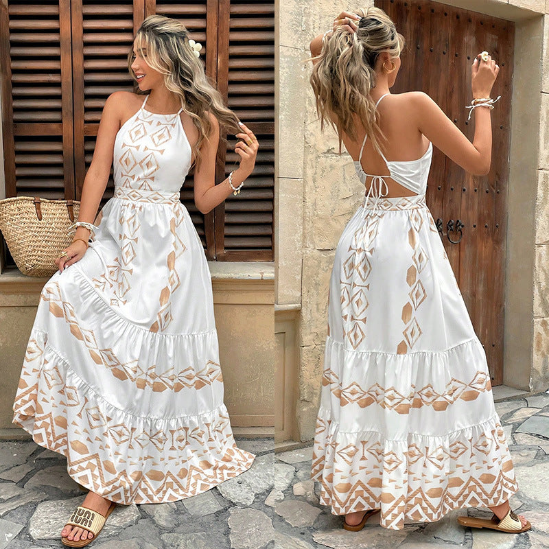Suspender Waist White Temperament Vacation Style Dress