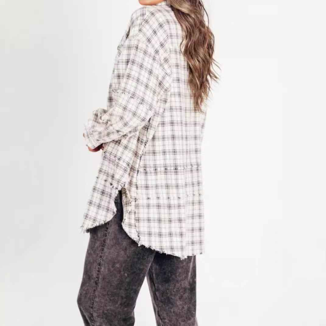 Women's Frayed Lantern Sleeve Loose Button Plaid Blouses