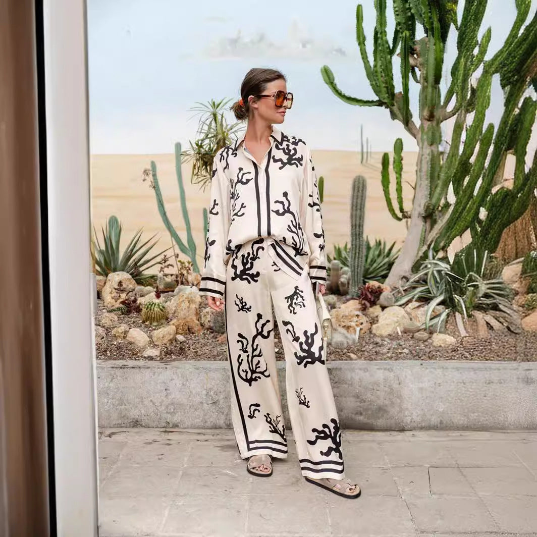 Multicolor Printing Satin Vacation Loose Two-piece Suits