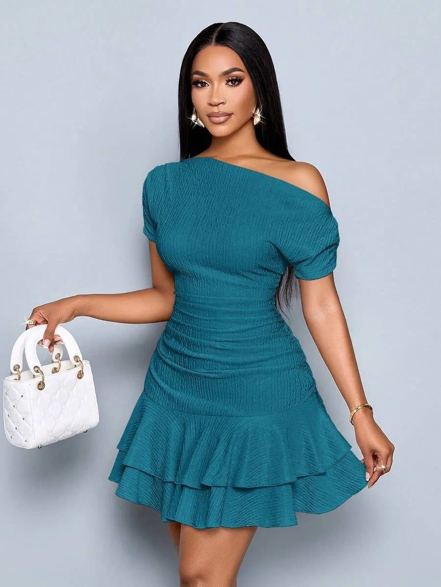 Women's Summer Solid Color Oblique Shoulder Ruffled Dress