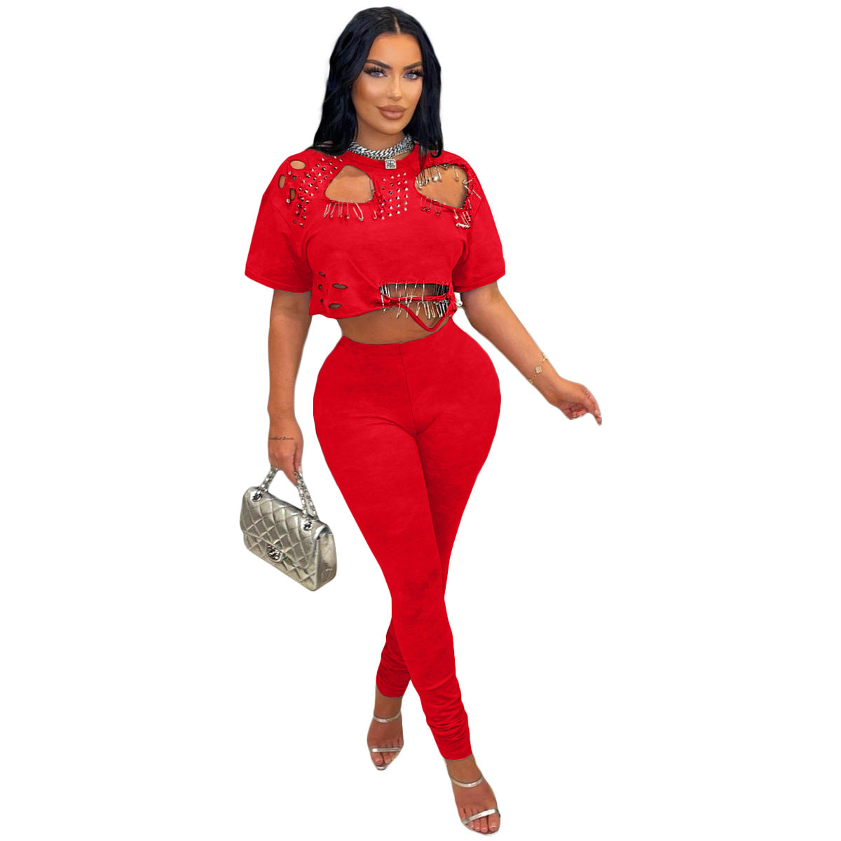 Fashion Round Neck Ripped Pin T-shirt Shorts