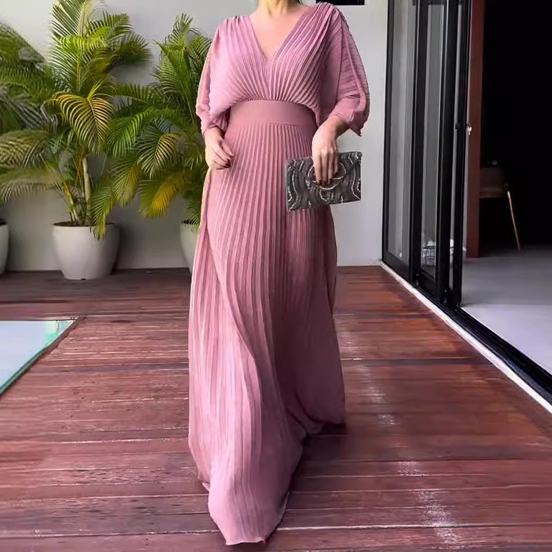 Women's Color Pleated Bat Sleeve High Waist Big Swing Long Dresses