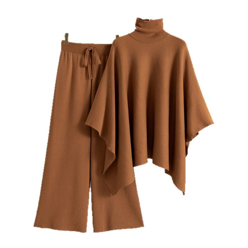 Women's Two-piece Turtleneck Cape Knitted Wide Leg Elegant Fashion Casual Suit