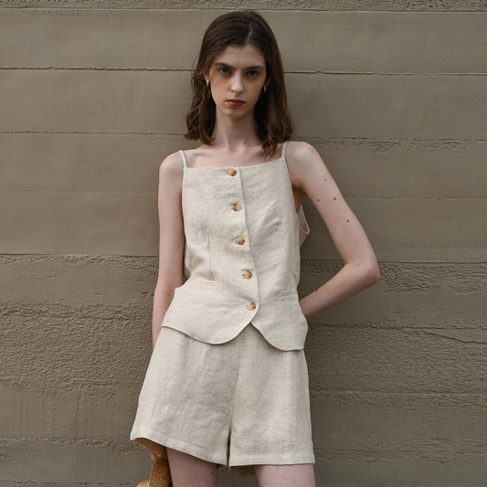 Women's Linen Yarn-dyed High Waist Summer Old Shorts