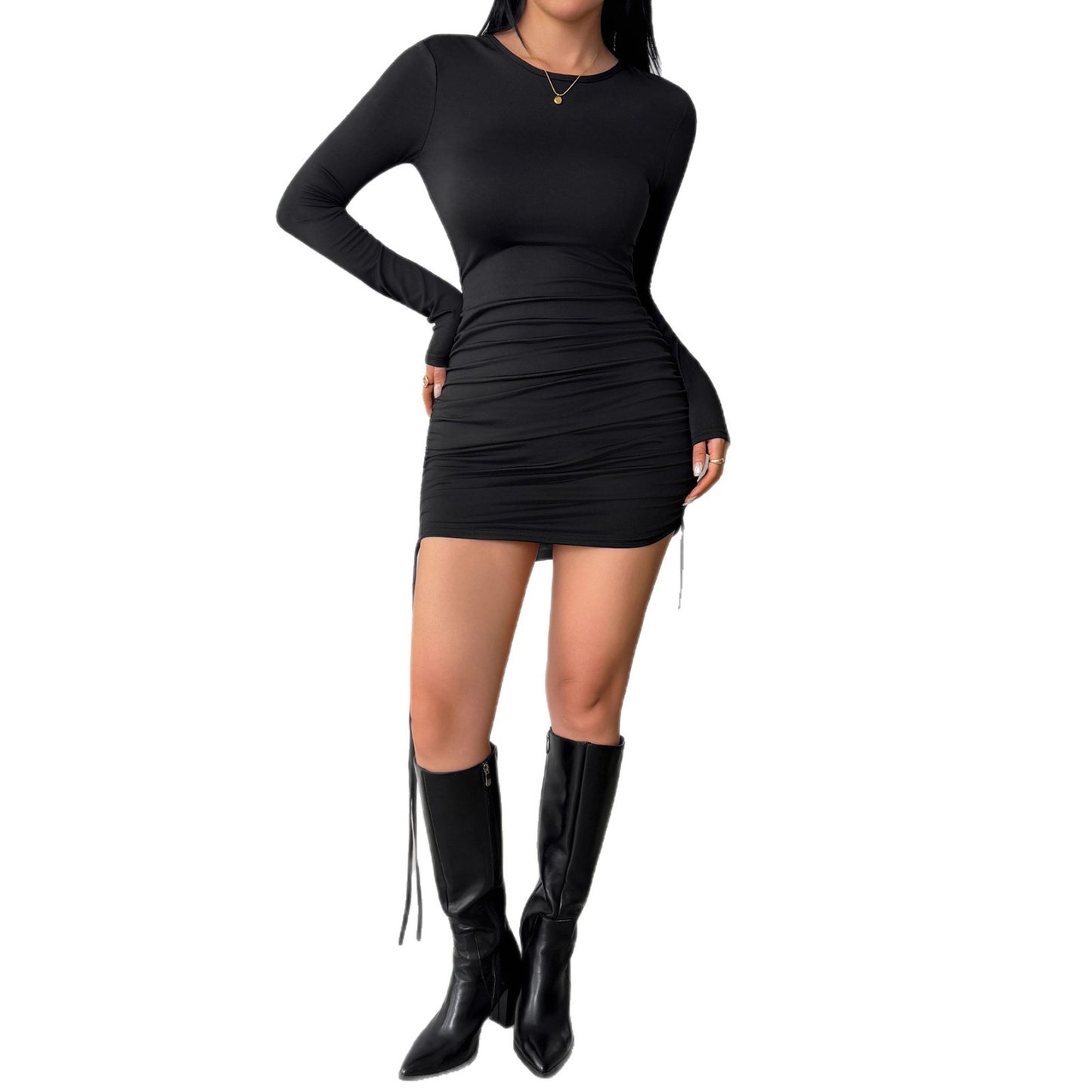 Popular Women's Hip Elegant Drawstring Long-sleeved Dress