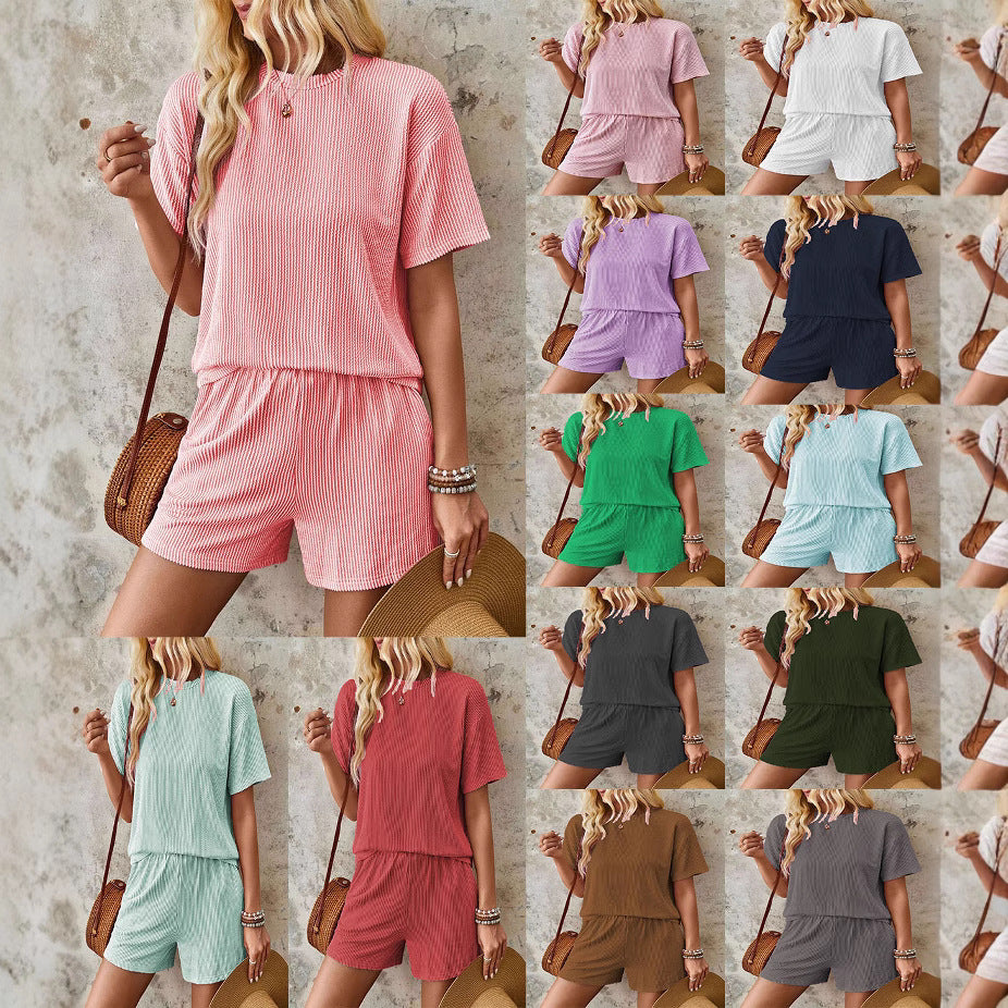 Women's Summer Short-sleeved Wavy Round Neck Elastic Waist Two-piece Fashion Casual Suit