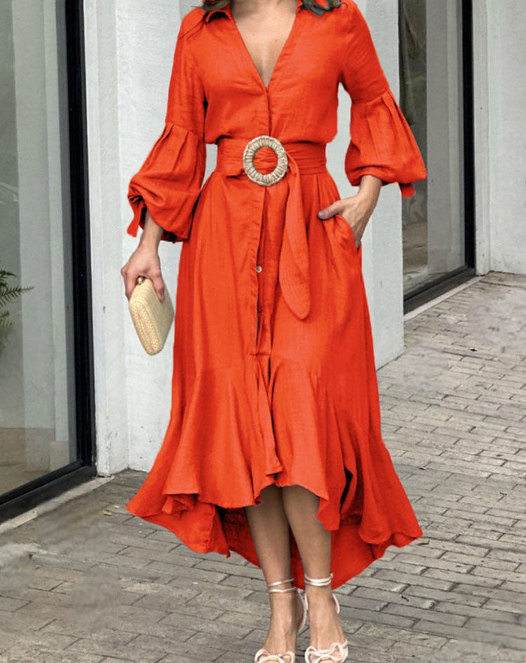 Fashion Casual Full Sleeve Turn-down Collar Solid Dresses