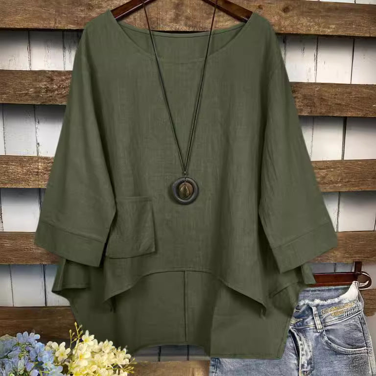 Summer Fashion Round Neck Pocket Solid Blouses