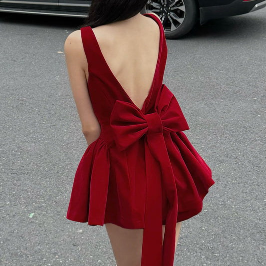 Women's Hot Sexy Red Bow Backless Camisole Sleeveless Dresses