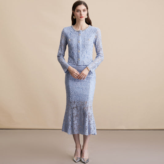 Diamond Round Neck Long Sleeve Crocheted Lace Dresses