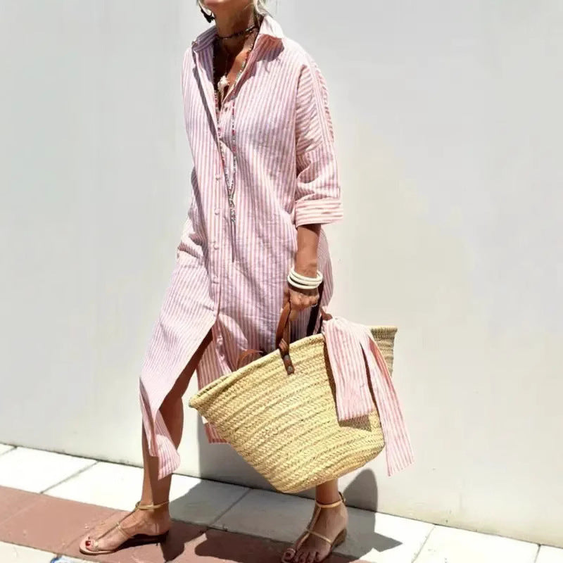 Women's Half Sleeve Striped Lapel Shirt Mid-length Dress