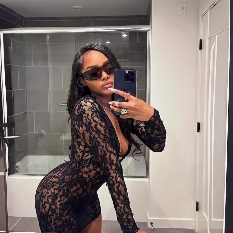 Women's Lace Sexy Low Collar Hollow Long Sleeve Jumpsuits