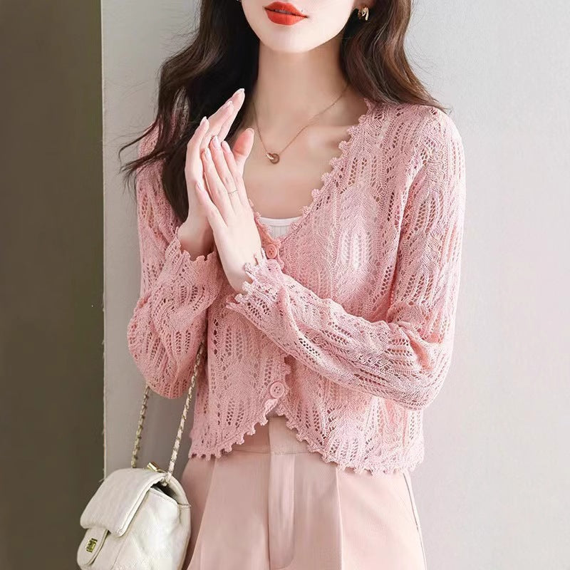 Women's Cape Long Sleeve Sunscreen Hollow Out Crochet Knitted For Shorts