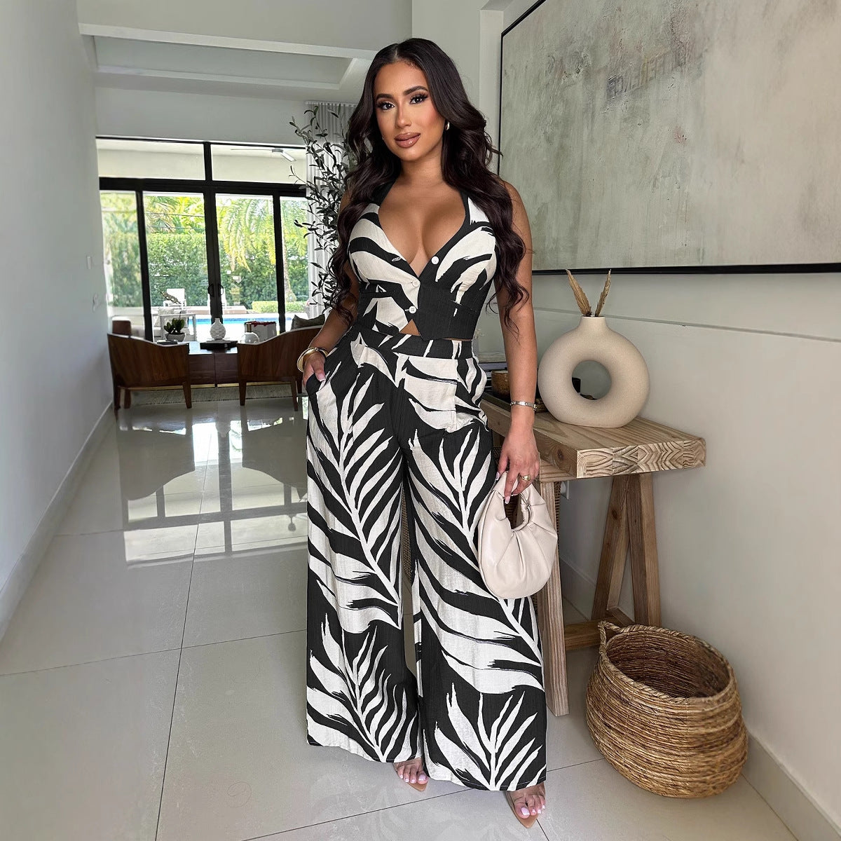 Women's Sexy Print Halter Smocking Wide Leg Suits