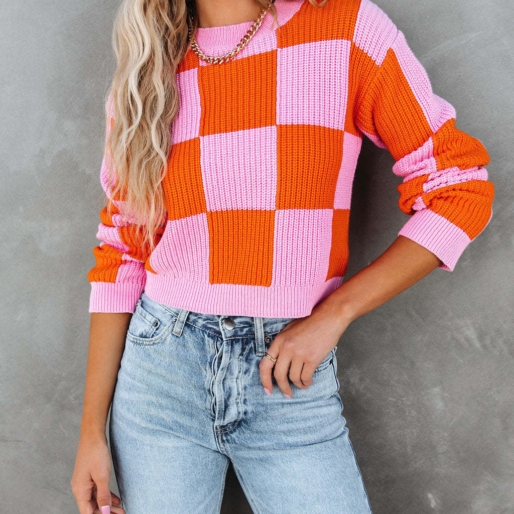 New Graceful Spring Chessboard Plaid Stitching Sweater