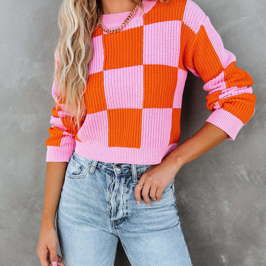 New Graceful Spring Chessboard Plaid Stitching Sweater