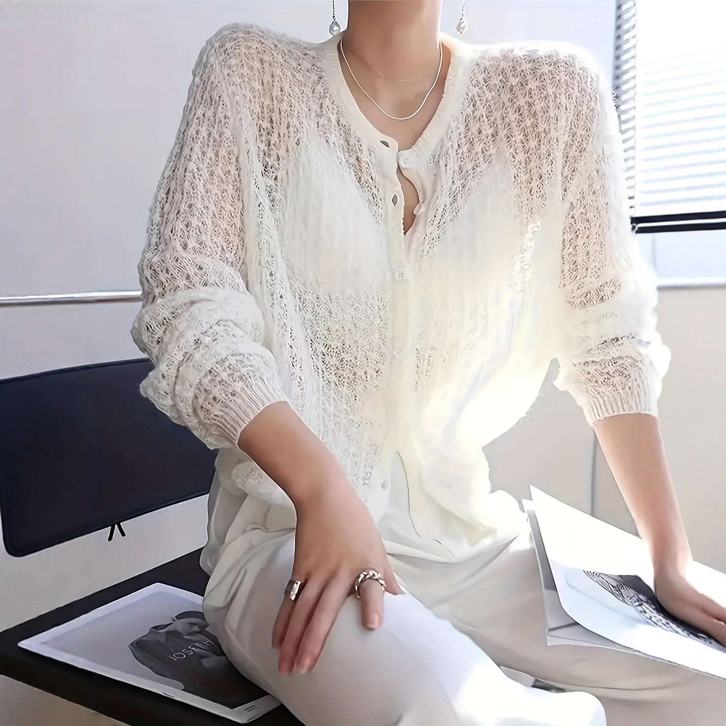 Women's Style Niche Thin Hollow Long-sleeved Knitted Autumn Summer Design Loose Sweater