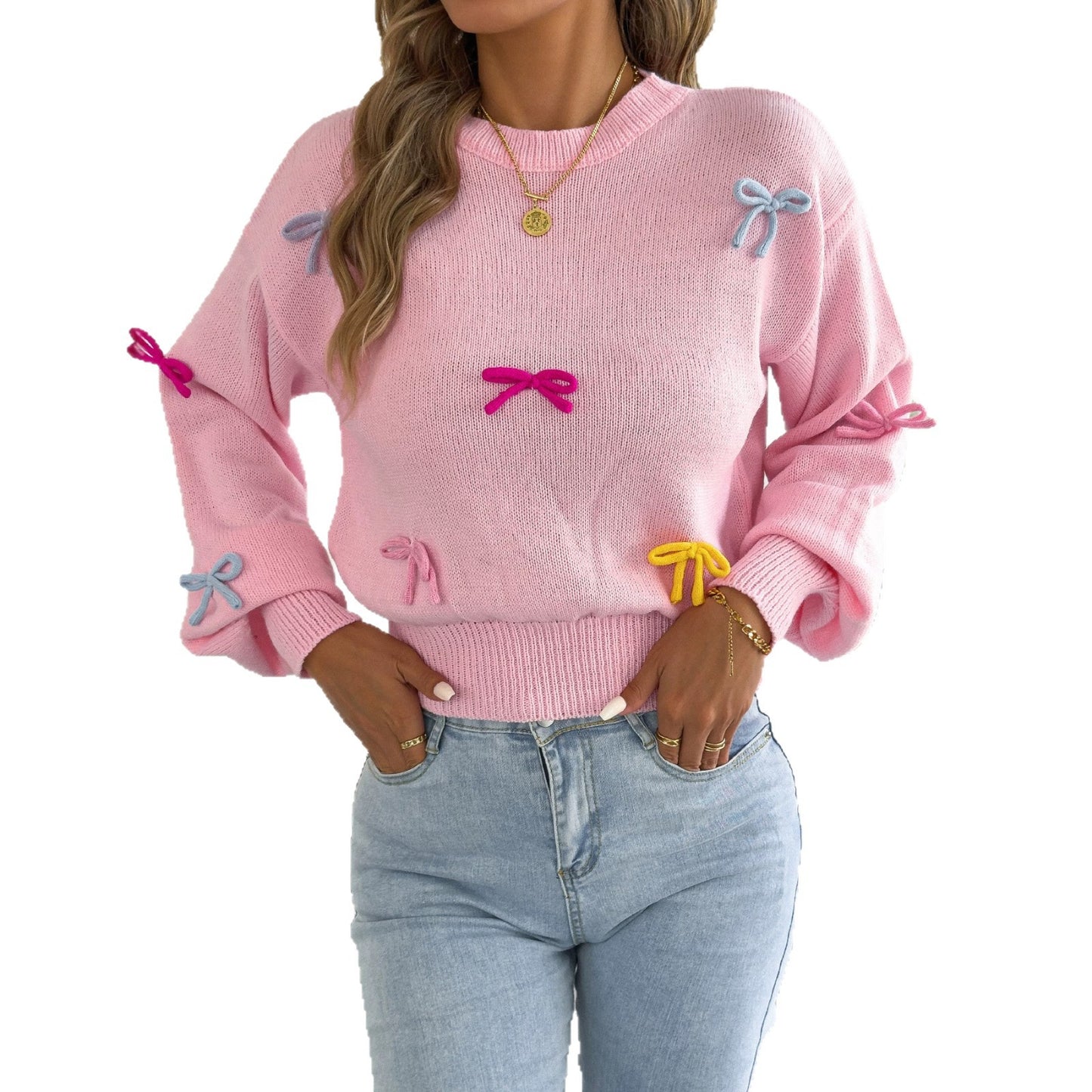 Women's Fashionable Color Bow Lantern Sleeve Fitted Sweater