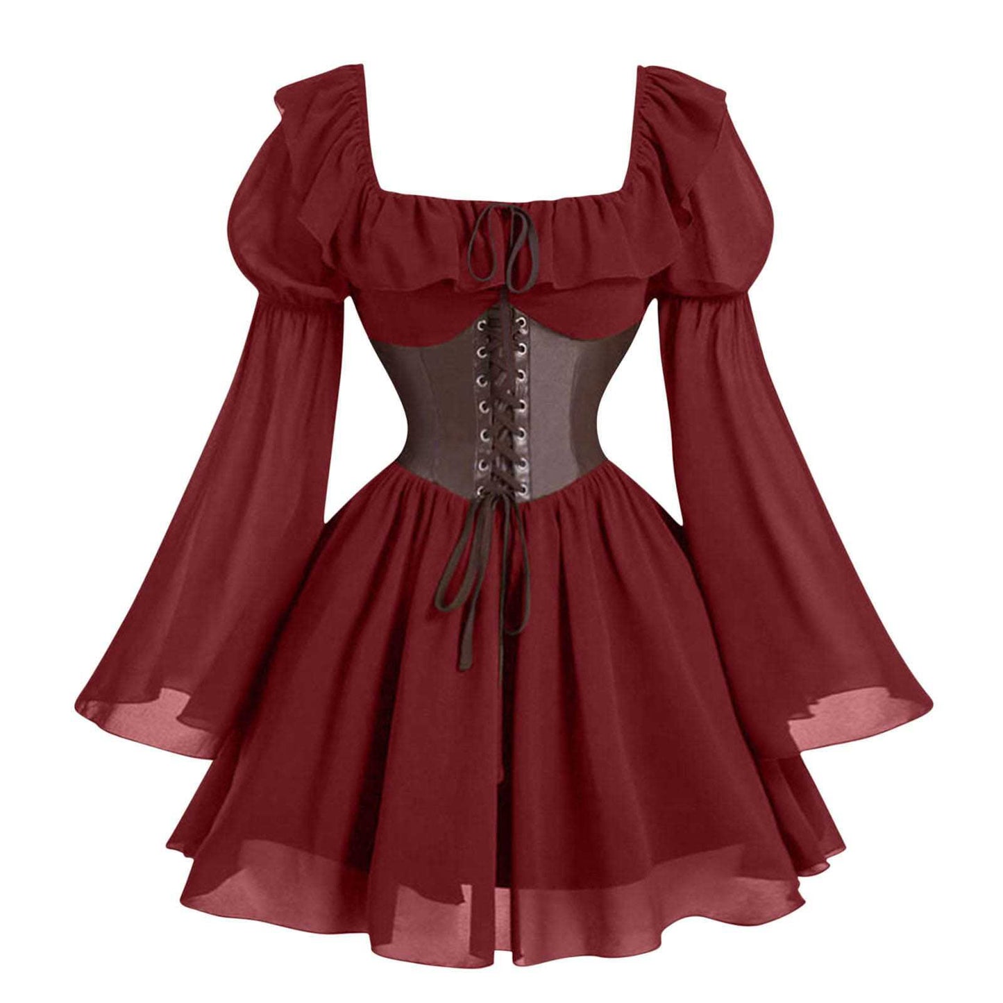 Medieval Puff Sleeve Dress Halloween Drawstring Skirts