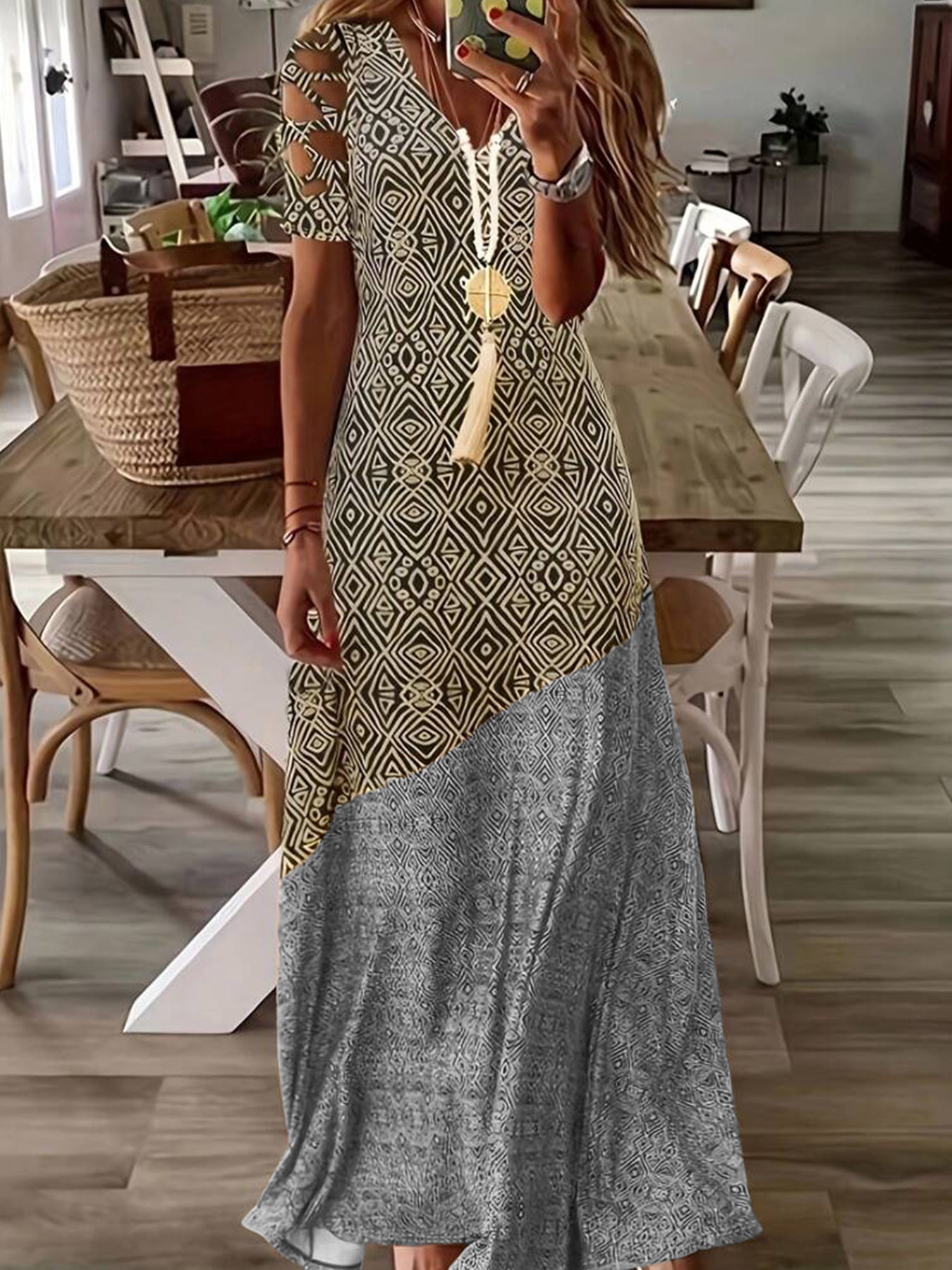Women's Summer Hollow Casual Fashion Printing Long Dress