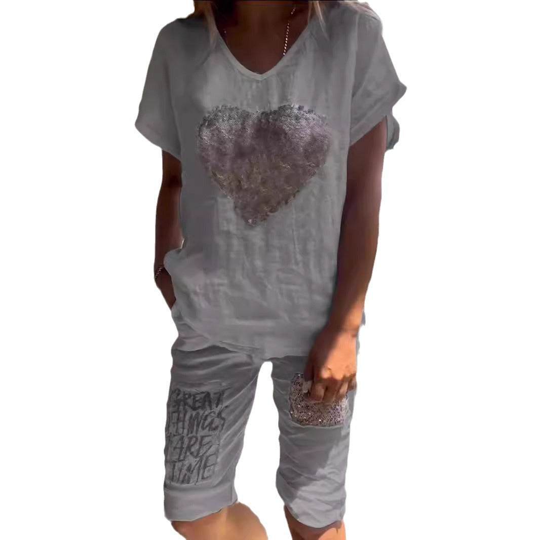 Women's Cotton Linen Loose Wear Heart-shaped Sequined Fashion Casual Suit