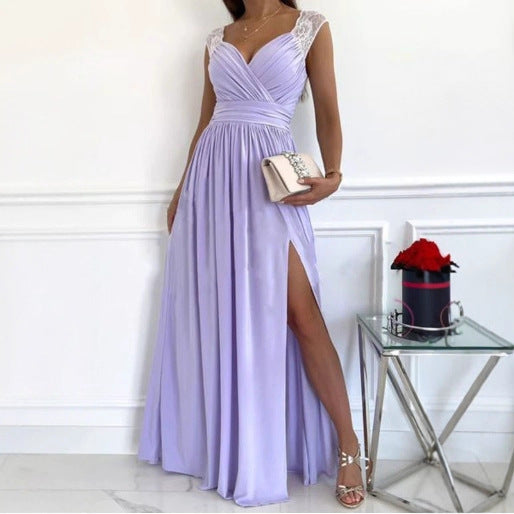 Women's Sleeveless Lace Backless Slit Hemline At Dress
