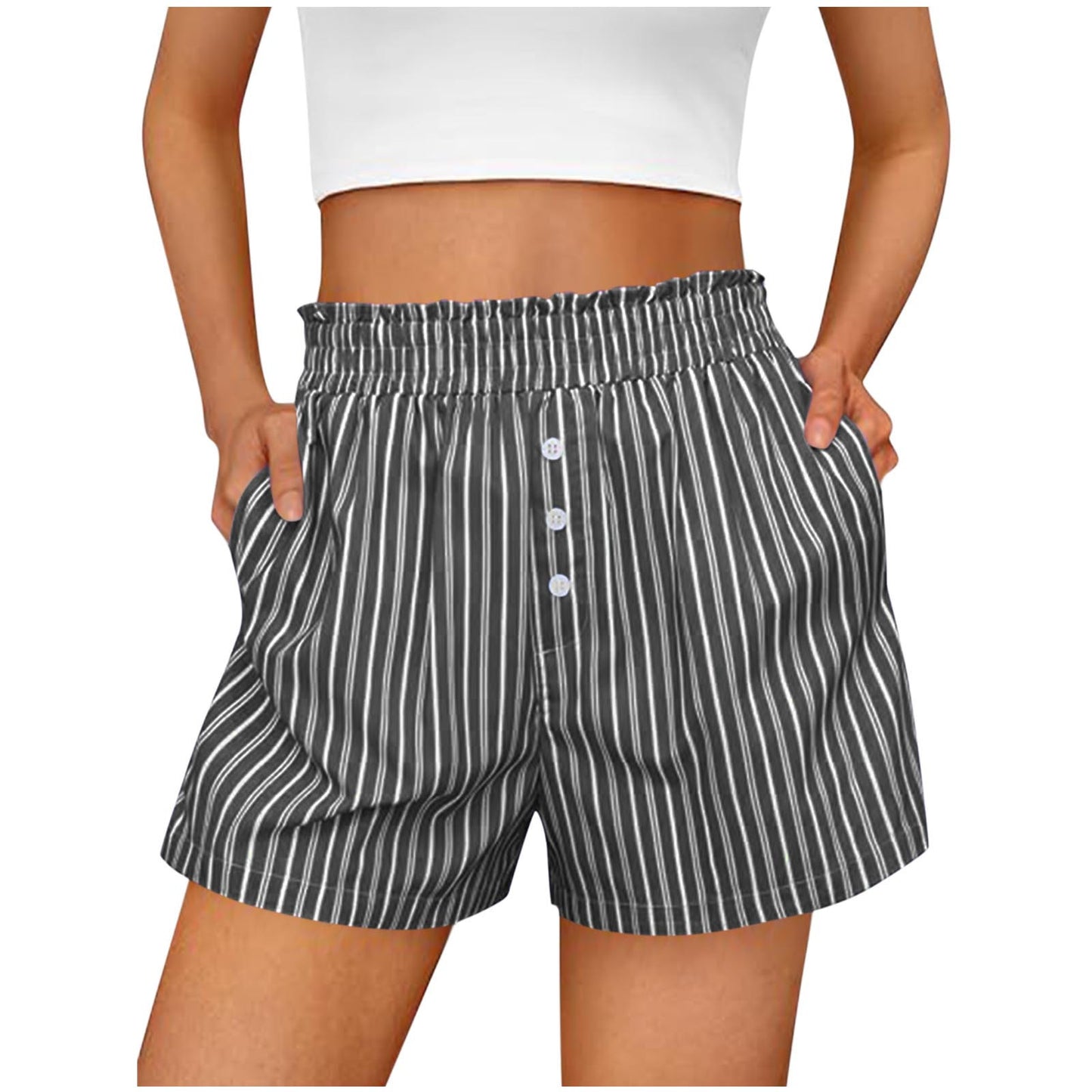 Women's Elegant Striped Button Leisure Commute Shorts