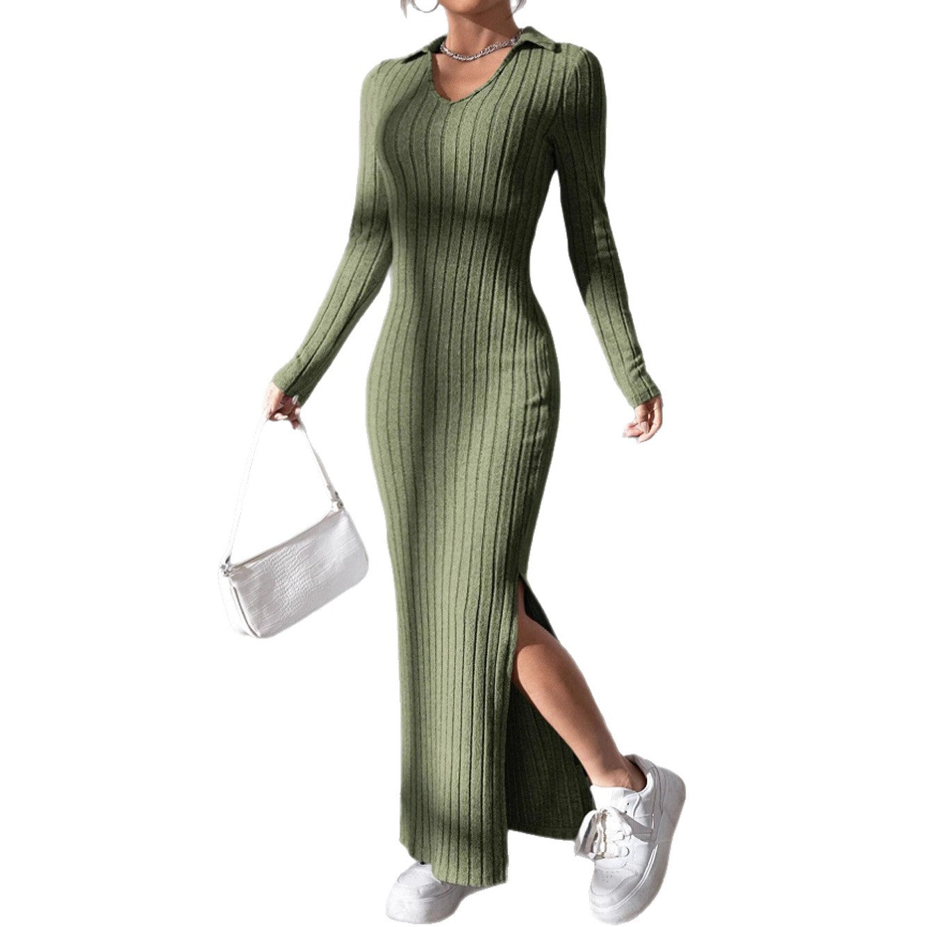 Slim Fit Lapel Split Sunken Stripe Dress