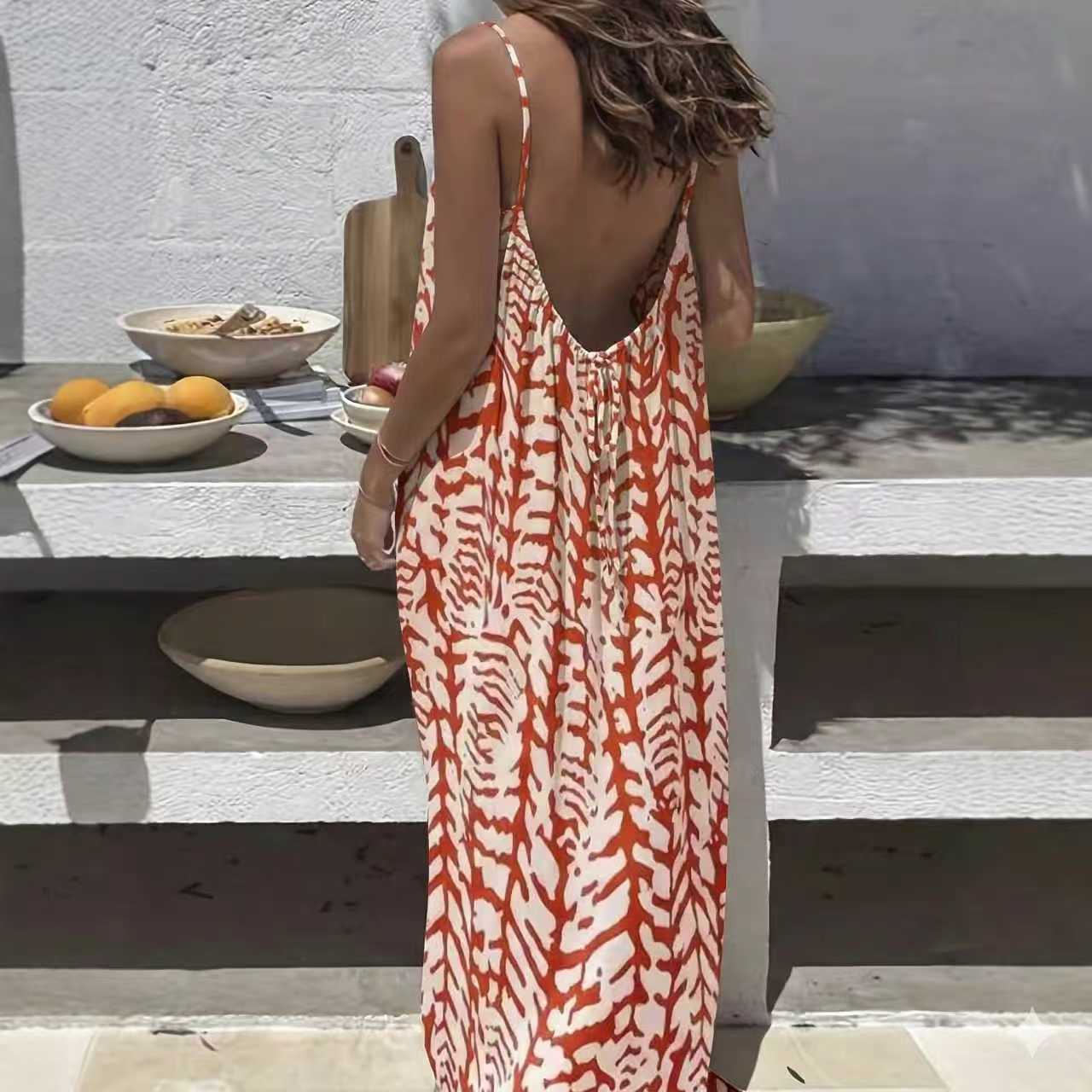 Women's Sling Backless Loose Leisure Pajamas Printed Dress