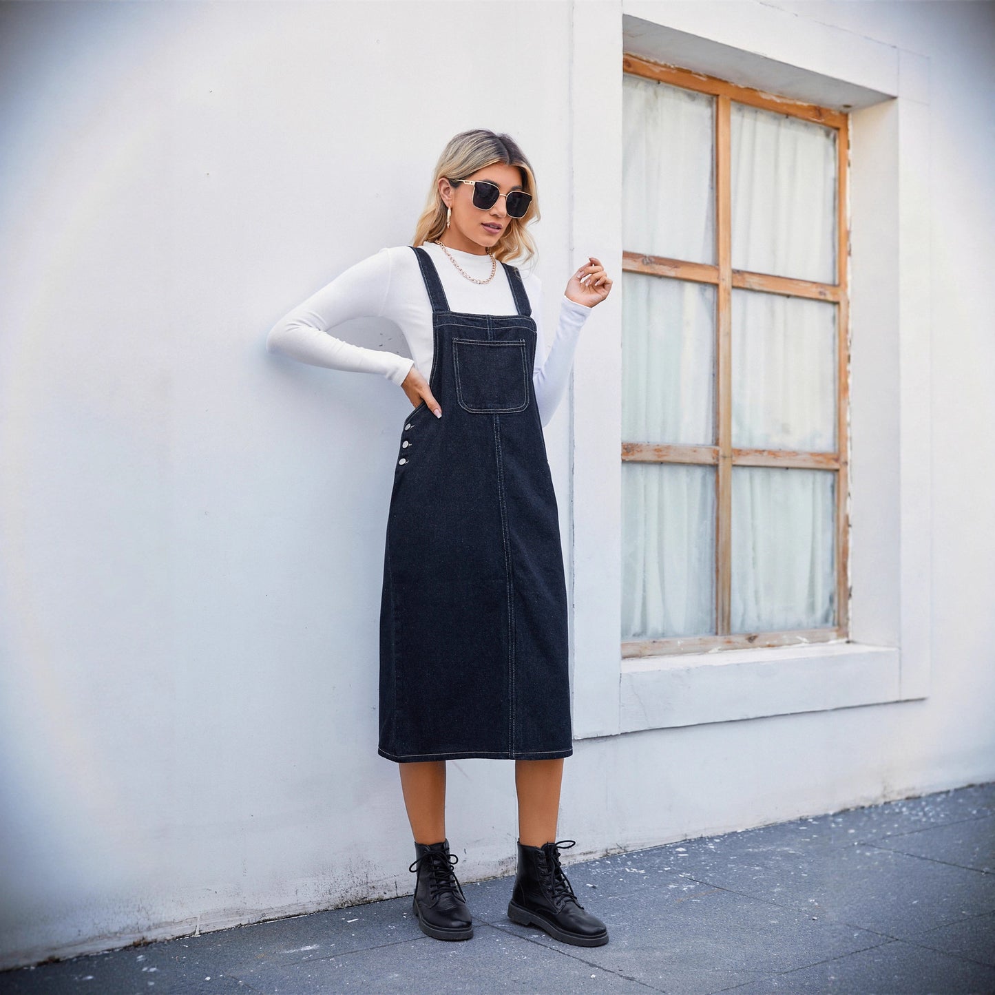 Charming Personalized Washed Denim Brace Midi Dress