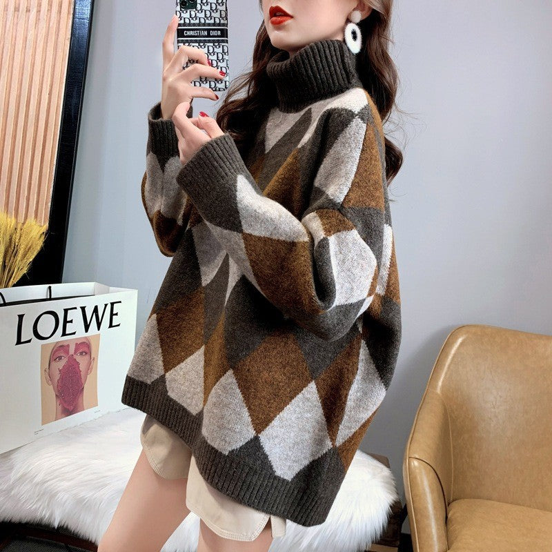 Women's Design Temperament Commute High Collar Loose Versatile Contrast Color Rhombus Sweater