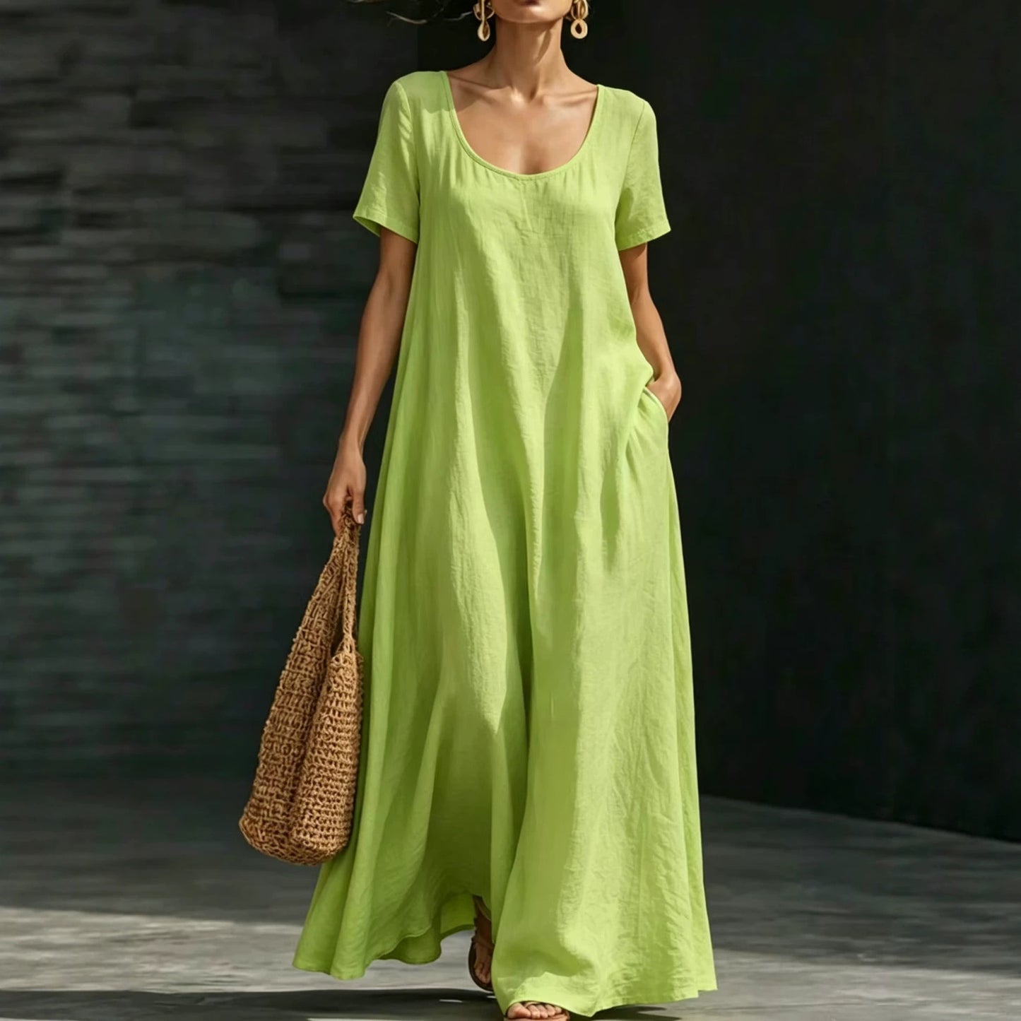 Women's Summer Collar Sleeve Loose Swing Casual Solid Dress