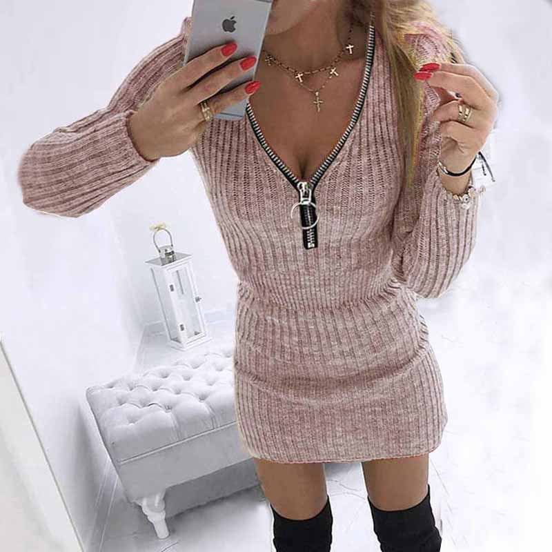 Women's Zipper Long Sleeves Knitted Sheath Dress