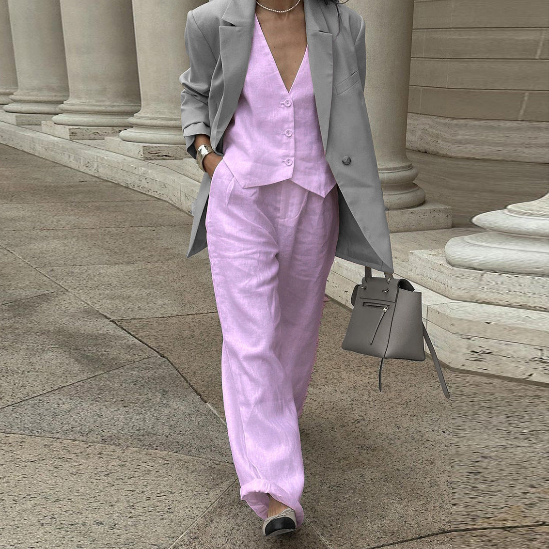 Women's Cotton Linen Sleeveless Waistcoat Trousers Two-piece Set Suits