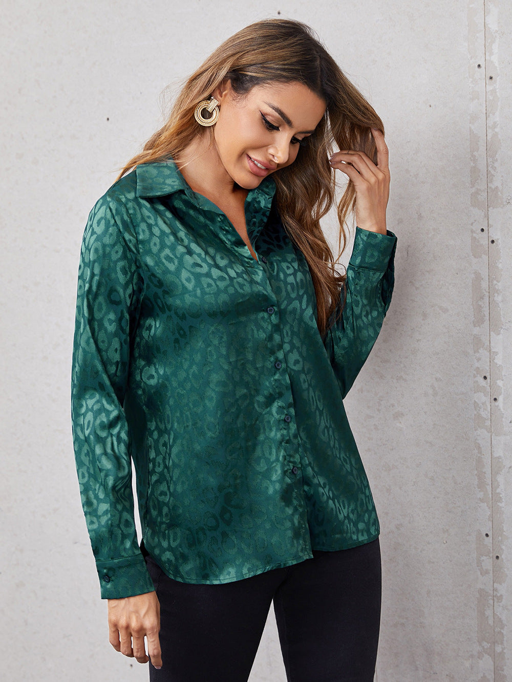 Women's Lapel Open Button Leopard Jacquard Shirt Temperament Blouses