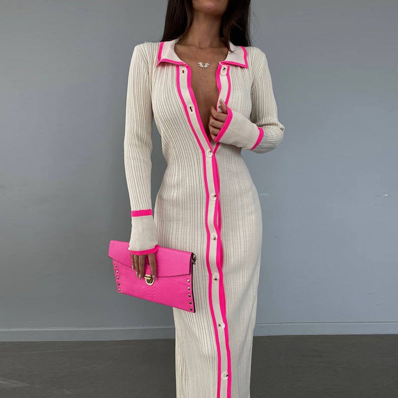 Women's Slim Fit Lapel Patchwork Long-sleeved Dress Dresses