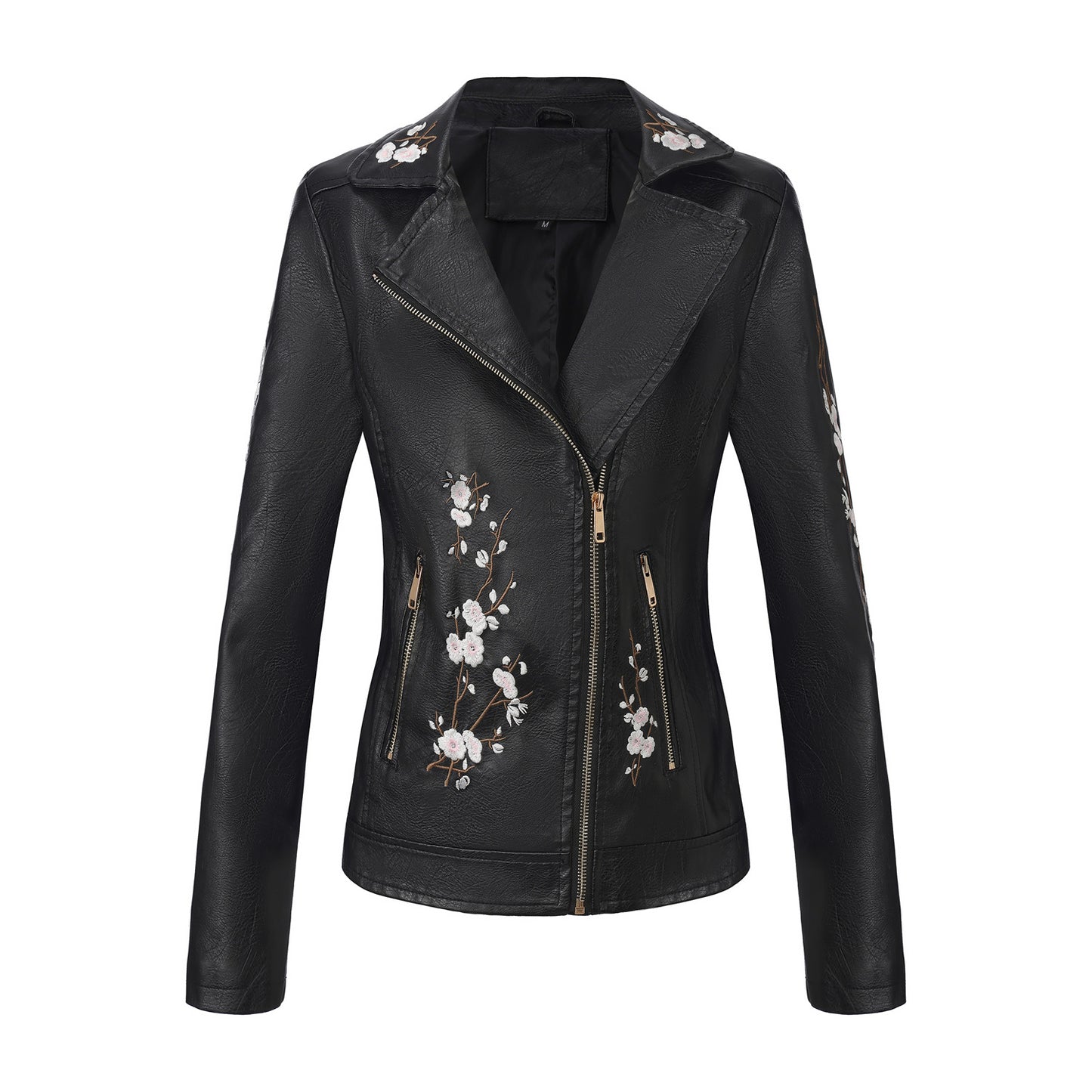 Women's Embroidered Leather Oblique Zipper Long Sleeve European Jackets
