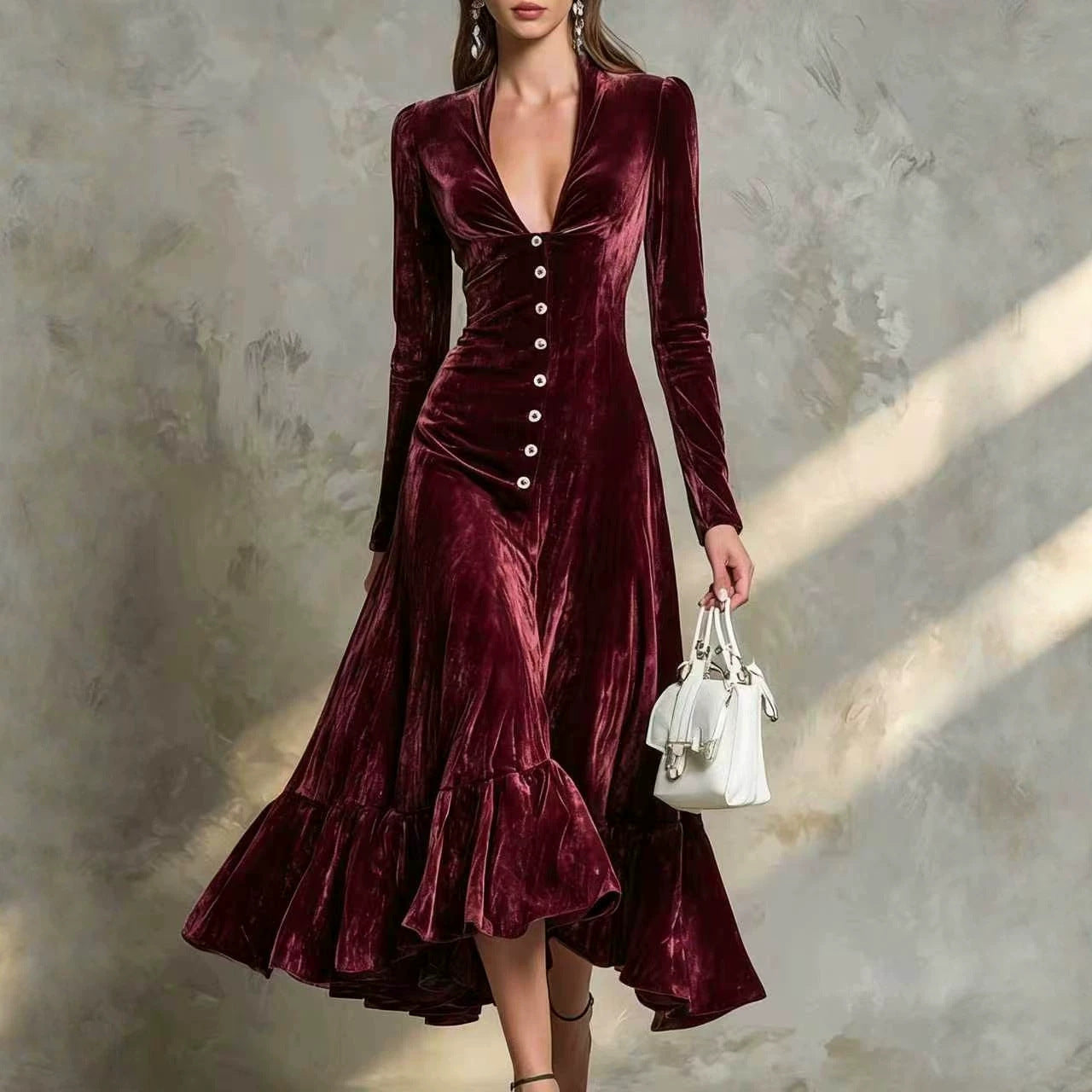 Solid Color Buttons Lapel Long Sleeve Waist Dress