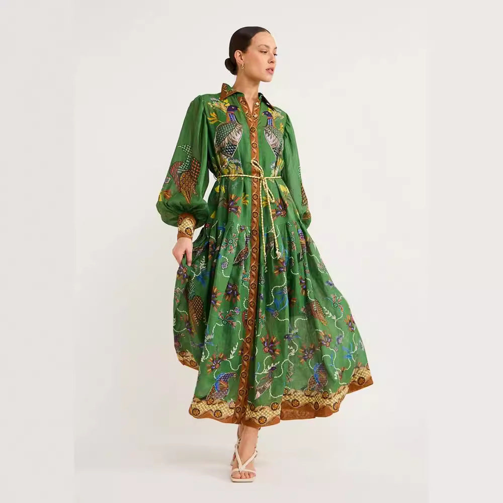Single-breasted Lantern Sleeve Pleated Printed Waist Dresses