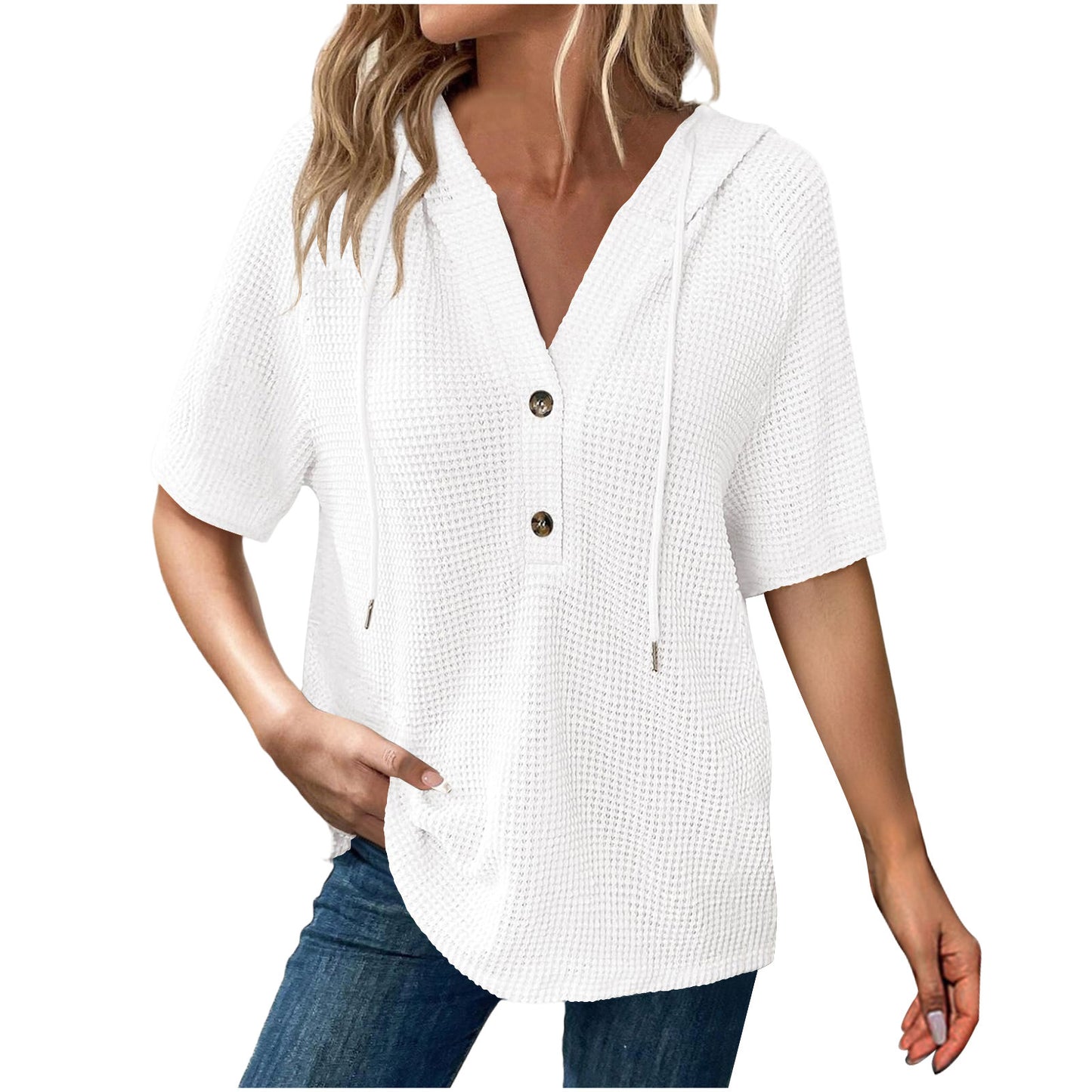 Women's Solid Color Waffle Hooded Button Loose Sleeve Shorts