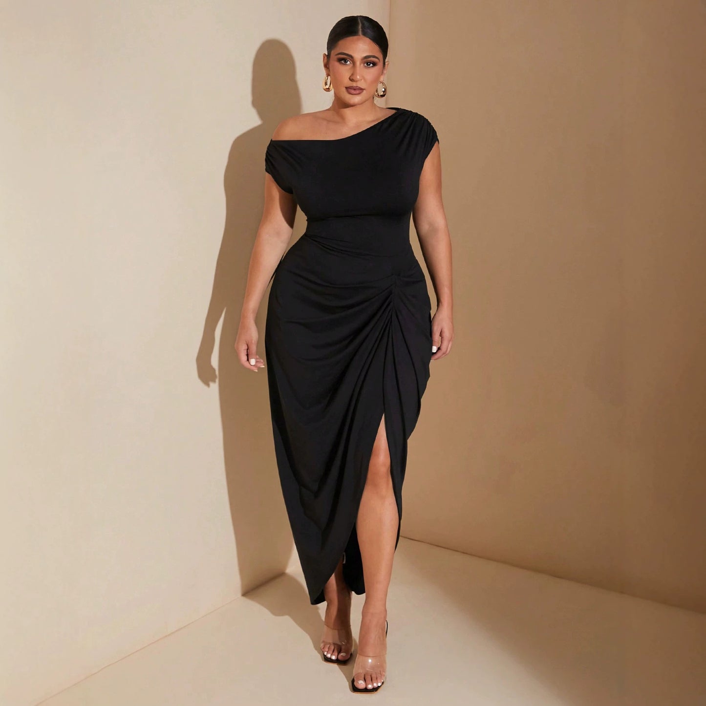 Women's Summer Solid Color Diagonal Collar Fitted Waist Pleated Dress