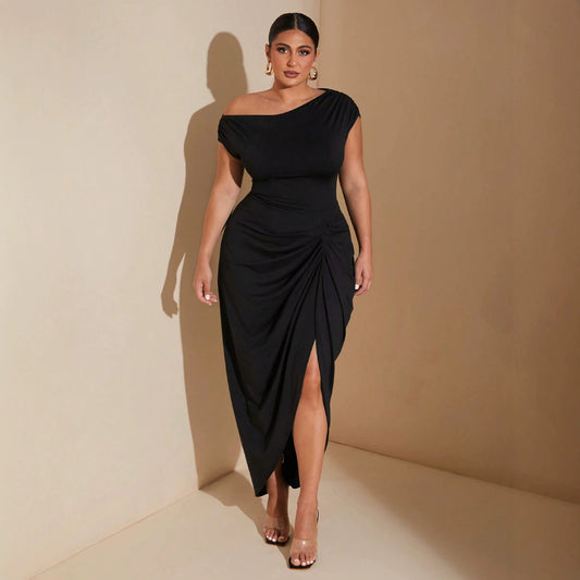 Women's Summer Solid Color Diagonal Collar Fitted Waist Pleated Dress